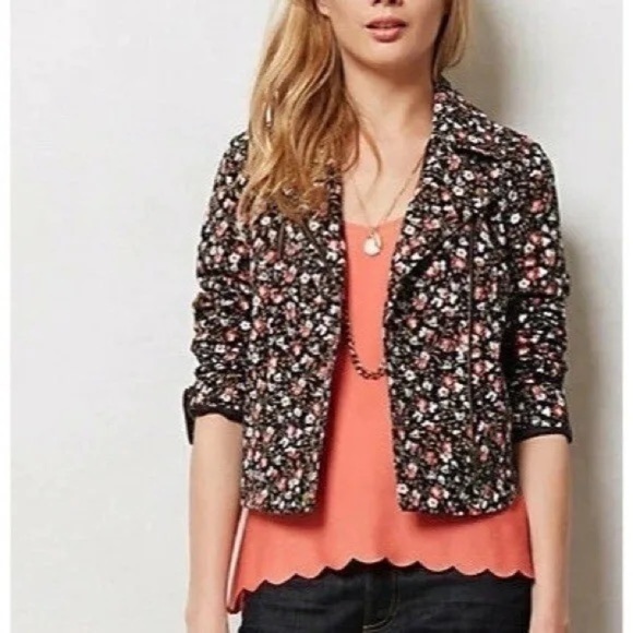 Anthropologie Jackets & Blazers - Hei Hei Anthropologie Black Floral Print Moto Zip Jacket With Pockets Size 4